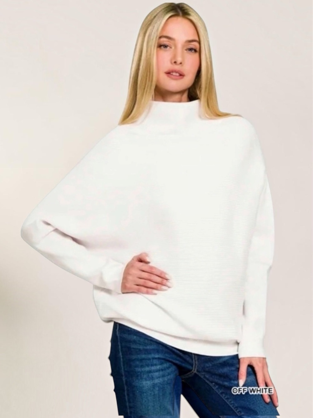 NWT Zenana Dolman Sleeve Mock Neck Ribbed Sweater in Off White Size M
